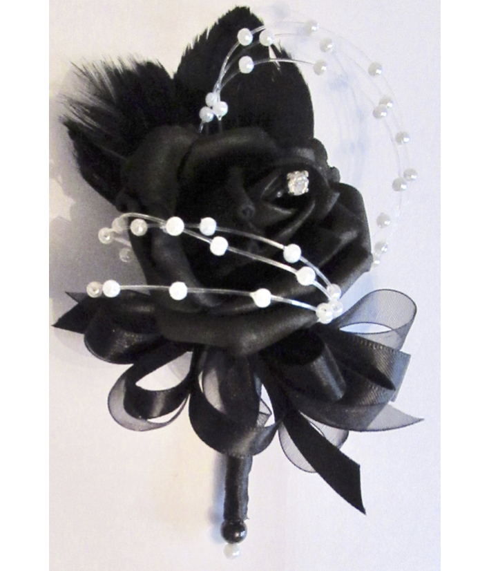 Small Black Rose Corsage with feathers and pearl loops